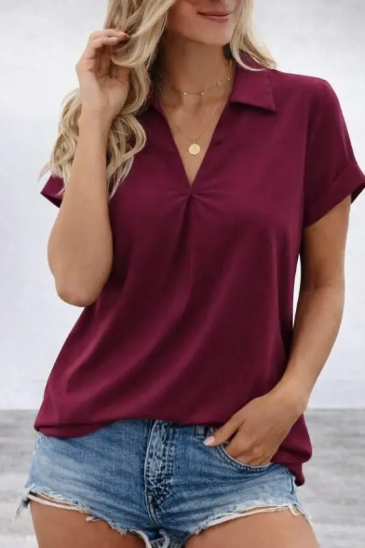 Kadın Kısa Kollu Yakalı Dokuma Viskon Bluz - 3