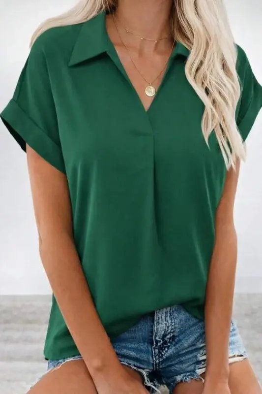 Kadın Kısa Kollu Yakalı Dokuma Viskon Bluz - 1