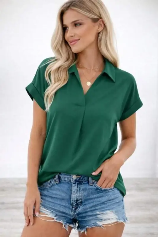 Kadın Kısa Kollu Yakalı Dokuma Viskon Bluz - 3