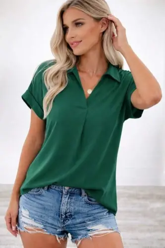 Kadın Kısa Kollu Yakalı Dokuma Viskon Bluz - BÜYÜKBEDENIZ (1)