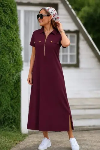 Kadın Kısa Kollu Yakalı Fermuarlı Uzun Viskon Iki Iplik Elbise - BÜYÜKBEDENIZ (1)
