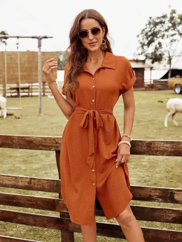 Kadın Kısa Kollu Yakalı önden Düğmeli Beli Kuşaklı Bürümcük Elbise - 5