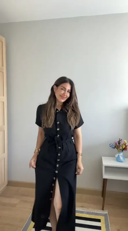 Kadın Kısa Kollu Yakalı önden Düğmeli Beli Kuşaklı Ithal Keten Elbise - BÜYÜKBEDENIZ