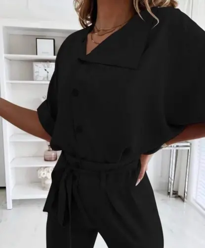 Kadın Kısa Kollu Yakalı önden Düğmeli Bürümcük Bluz Ve Pantolon Ikili Takım - 3