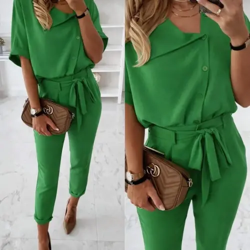 Kadın Kısa Kollu Yakalı önden Düğmeli Bürümcük Bluz Ve Pantolon Ikili Takım - 1