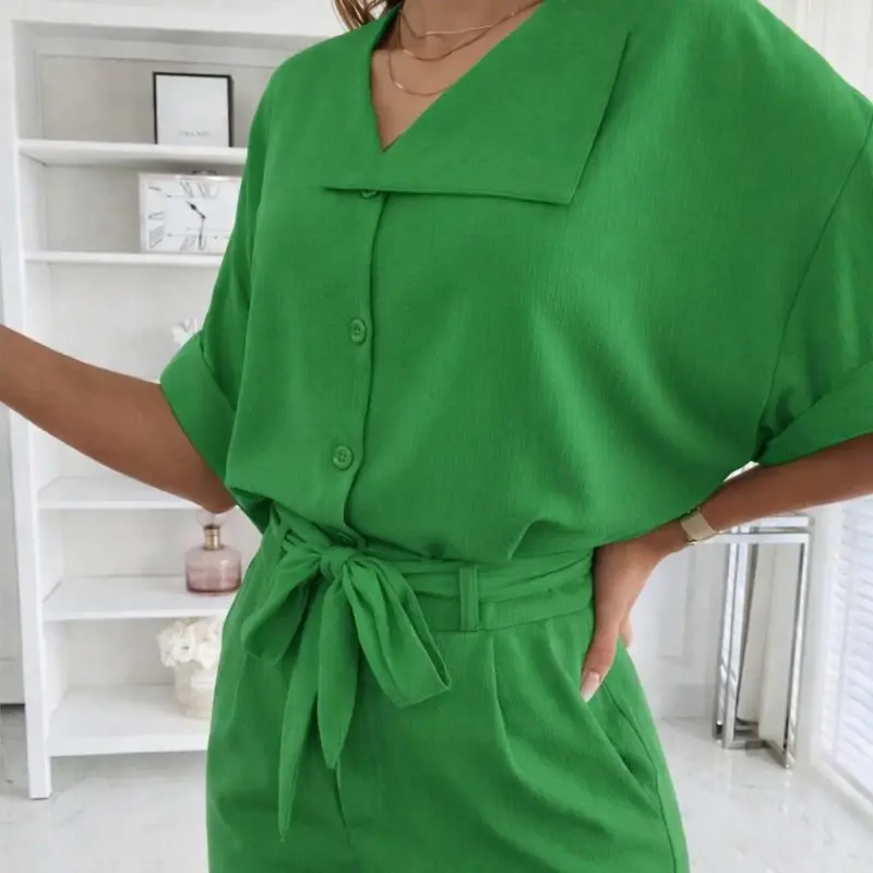 Kadın Kısa Kollu Yakalı önden Düğmeli Bürümcük Bluz Ve Pantolon Ikili Takım - 2