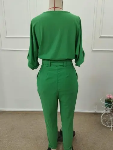 Kadın Kısa Kollu Yakalı önden Düğmeli Bürümcük Bluz Ve Pantolon Ikili Takım - 4