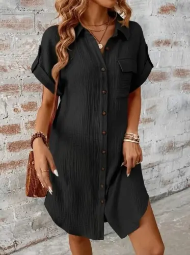 Kadın Kısa Kollu Yakalı önden Düğmeli Bürümcük Kısa Elbise - 1