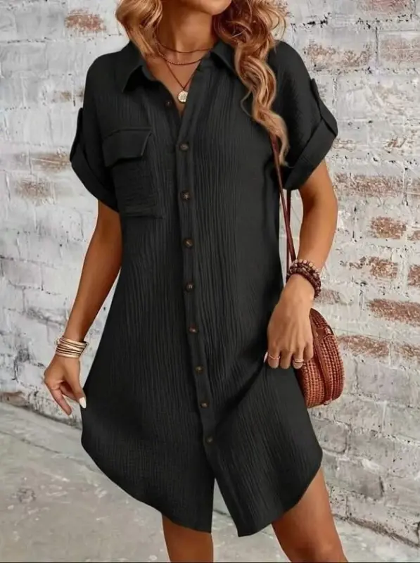 Kadın Kısa Kollu Yakalı önden Düğmeli Bürümcük Kısa Elbise - 3