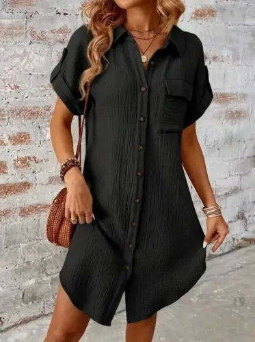 Kadın Kısa Kollu Yakalı önden Düğmeli Bürümcük Kısa Elbise - 4