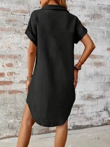 Kadın Kısa Kollu Yakalı önden Düğmeli Bürümcük Kısa Elbise - 5
