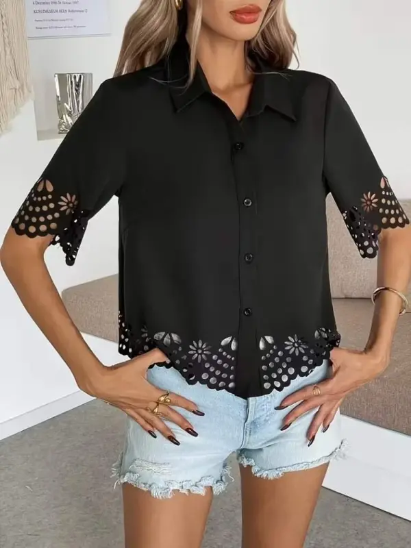 Kadın Kısa Kollu Yakalı önden Düğmeli Dubai Gömlek Bluz - 3