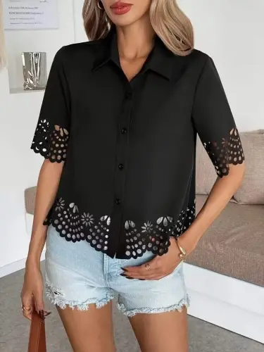 Kadın Kısa Kollu Yakalı önden Düğmeli Dubai Gömlek Bluz - BÜYÜKBEDENIZ (1)