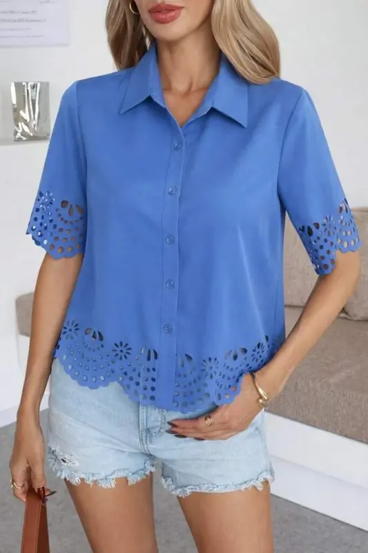 Kadın Kısa Kollu Yakalı önden Düğmeli Dubai Gömlek Bluz - 2