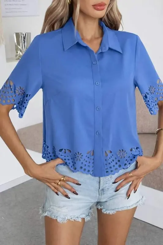 Kadın Kısa Kollu Yakalı önden Düğmeli Dubai Gömlek Bluz - 3