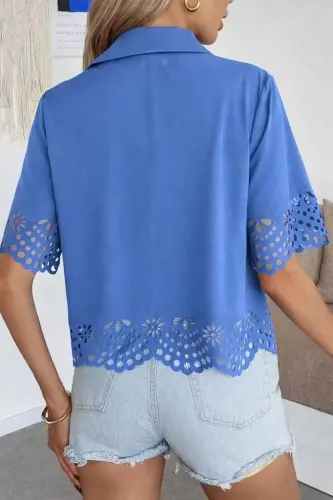 Kadın Kısa Kollu Yakalı önden Düğmeli Dubai Gömlek Bluz - 4