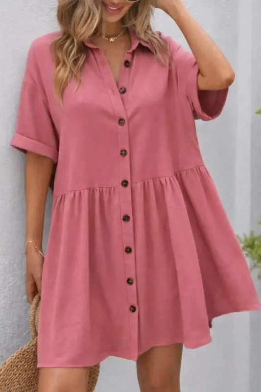 Kadın Kısa Kollu Yakalı önden Düğmeli Kısa Bürümcük Elbise - 2