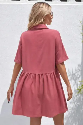 Kadın Kısa Kollu Yakalı önden Düğmeli Kısa Bürümcük Elbise - 3