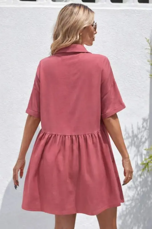 Kadın Kısa Kollu Yakalı önden Düğmeli Kısa Bürümcük Elbise - 3