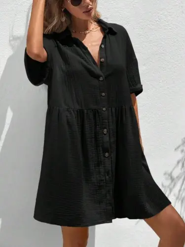 Kadın Kısa Kollu Yakalı önden Düğmeli Kısa Bürümcük Elbise - 1