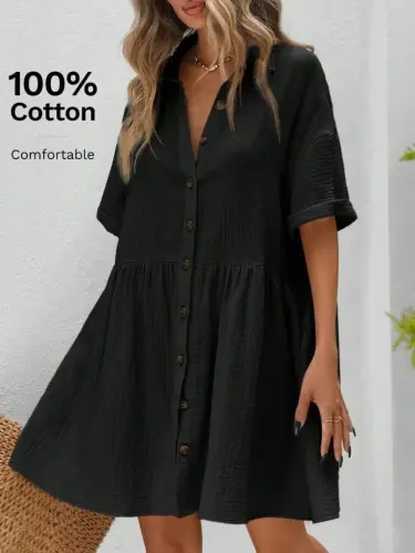 Kadın Kısa Kollu Yakalı önden Düğmeli Kısa Bürümcük Elbise - BÜYÜKBEDENIZ (1)