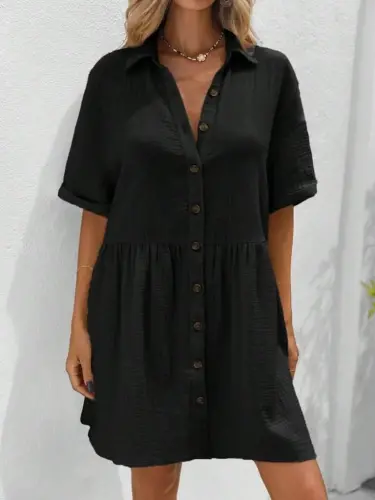 Kadın Kısa Kollu Yakalı önden Düğmeli Kısa Bürümcük Elbise - 4