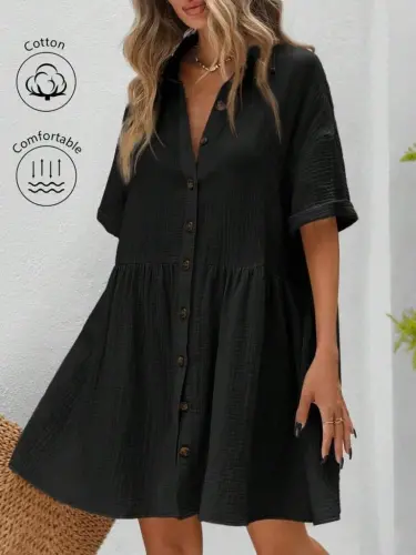 Kadın Kısa Kollu Yakalı önden Düğmeli Kısa Bürümcük Elbise - 5