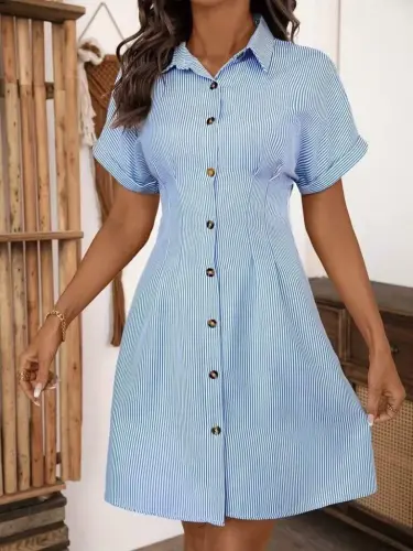 Kadın Kısa Kollu Yakalı önden Düğmeli Kısa Trikoton Elbise - 6