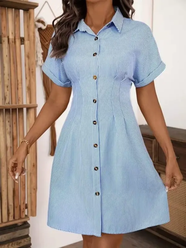 Kadın Kısa Kollu Yakalı önden Düğmeli Kısa Trikoton Elbise - 6