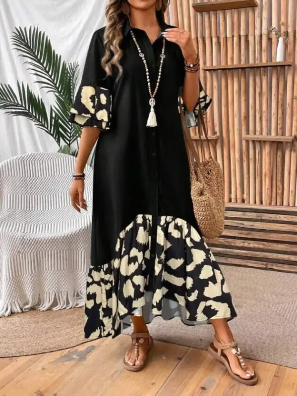 Kadın Kısa Kollu Yakalı önden Düğmeli önden Asimetrik Kesim Detaylı Uzun Aerobin Elbise - 5