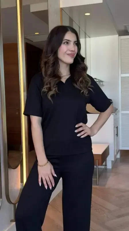 Kadın Kısa Kollu Yakalı Viskon Iki Iplik Bluz Ve Pantolon Ikili Takım - 2