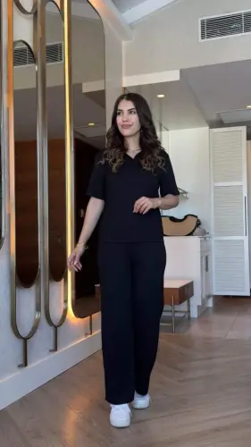 Kadın Kısa Kollu Yakalı Viskon Iki Iplik Bluz Ve Pantolon Ikili Takım - 1