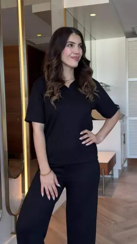 Kadın Kısa Kollu Yakalı Viskon Iki Iplik Bluz Ve Pantolon Ikili Takım - BÜYÜKBEDENIZ (1)