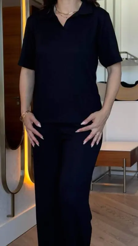 Kadın Kısa Kollu Yakalı Viskon Iki Iplik Bluz Ve Pantolon Ikili Takım - 5