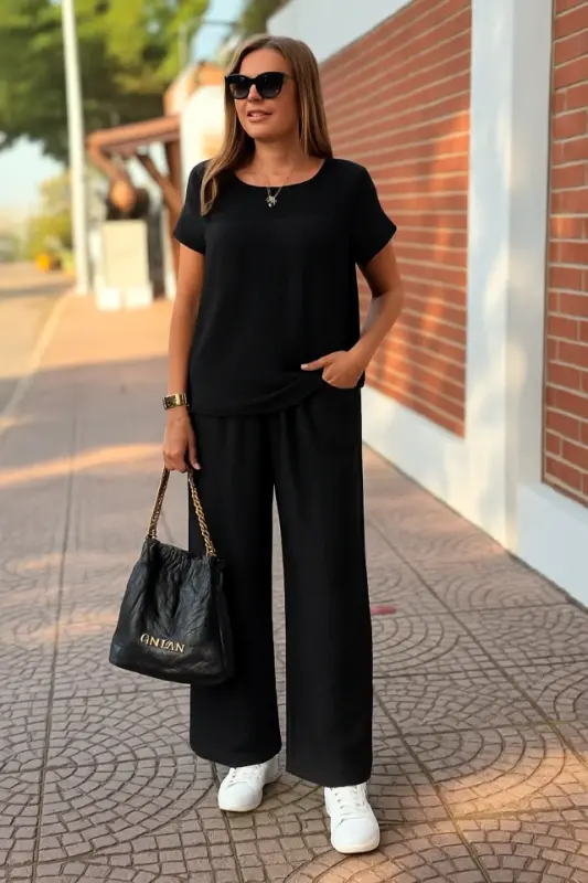 Kadın Kısa Kollu Yakası Açık Aerobin Bluz Ve Pantolon Ikili Takım - BÜYÜKBEDENIZ