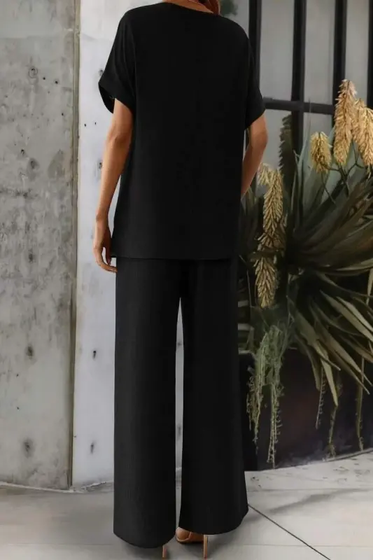 Kadın Kısa Kollu Yakası Açık Aerobin Bluz Ve Pantolon Ikili Takım - 3