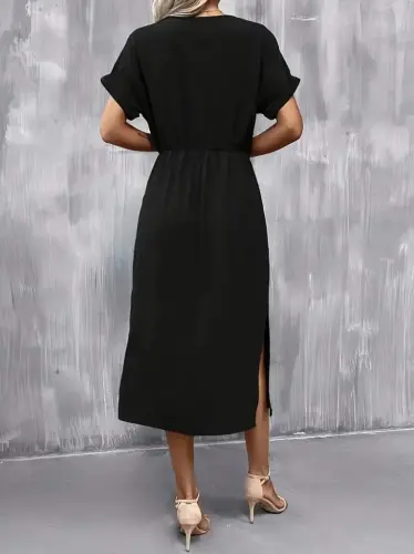 Kadın Kısa Kollu Yakası Açık Belden Bağlamalı Yırtmaçlı Viskon Elbise - 4