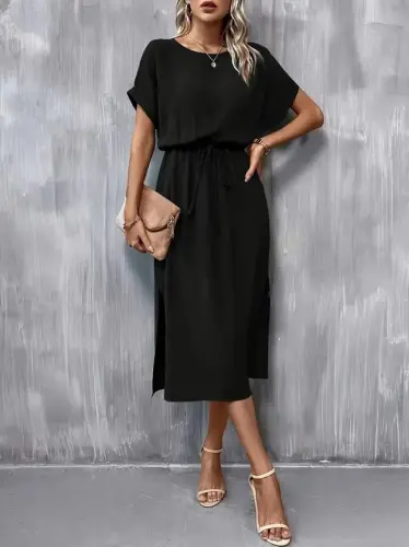 Kadın Kısa Kollu Yakası Açık Belden Bağlamalı Yırtmaçlı Viskon Elbise - BÜYÜKBEDENIZ (1)