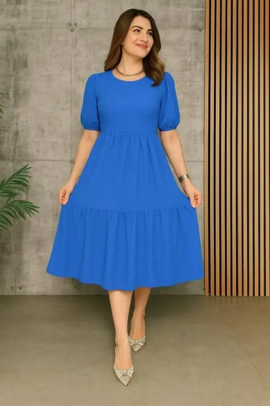 Kadın Kısa Kollu Yakası Açık Katlı Bürümcük Balon Elbise - 2