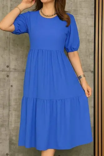 Kadın Kısa Kollu Yakası Açık Katlı Bürümcük Balon Elbise - 3