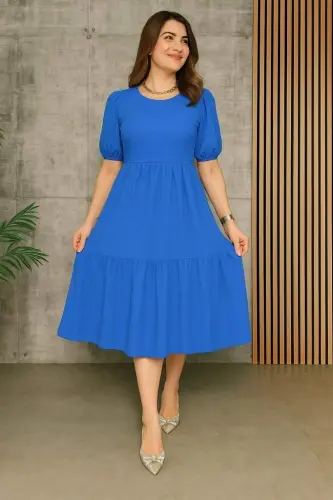 Kadın Kısa Kollu Yakası Açık Katlı Bürümcük Balon Elbise - BÜYÜKBEDENIZ (1)