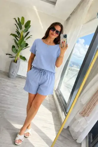 Kadın Kısa Kollu Yakası Açık Modal Bluz Ve Bağcıklı Kısa şort Ikili Takım - 2