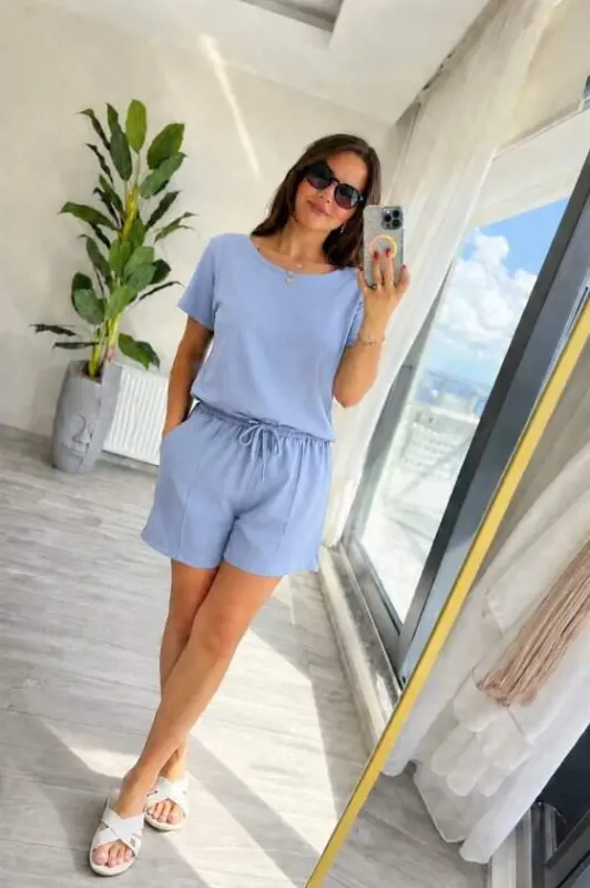 Kadın Kısa Kollu Yakası Açık Modal Bluz Ve Bağcıklı Kısa şort Ikili Takım - 2