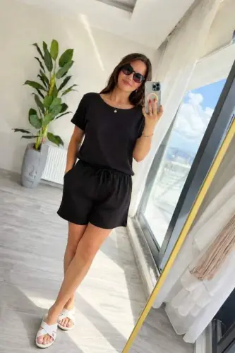 Kadın Kısa Kollu Yakası Açık Modal Bluz Ve Bağcıklı Kısa şort Ikili Takım - 3