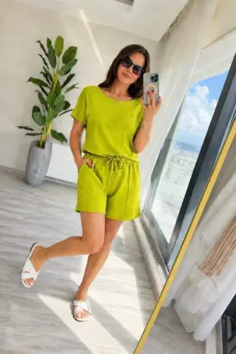 Kadın Kısa Kollu Yakası Açık Modal Bluz Ve Bağcıklı Kısa şort Ikili Takım - 3