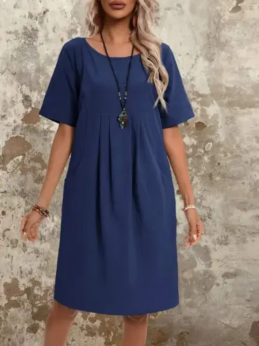 Kadın Kısa Kollu Yakası Açık önden Büzgülü Cep Detaylı Viskon Iki Iplik Elbise - 1