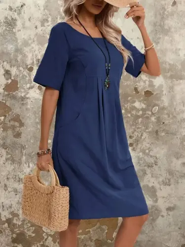 Kadın Kısa Kollu Yakası Açık önden Büzgülü Cep Detaylı Viskon Iki Iplik Elbise - 3