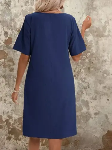 Kadın Kısa Kollu Yakası Açık önden Büzgülü Cep Detaylı Viskon Iki Iplik Elbise - 4