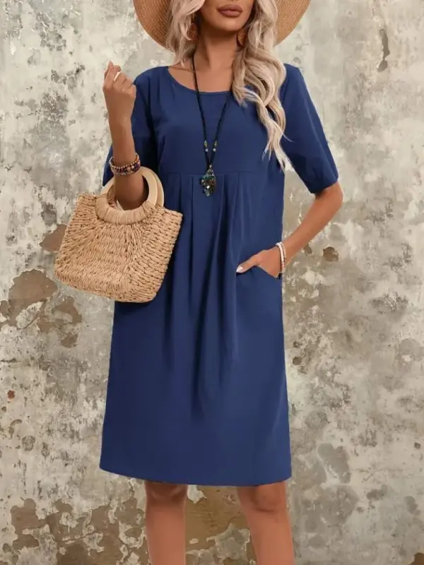 Kadın Kısa Kollu Yakası Açık önden Büzgülü Cep Detaylı Viskon Iki Iplik Elbise - 2