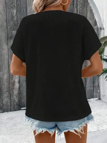 Kadın Kısa Kollu Yakası Açık önden Düğmeli Waffle Bluz - 4